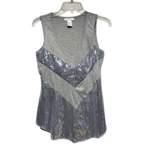 Charlotte Russe Shirt Size Large Sequins Tank Top Y2K Gray Silver Eyelash Hem